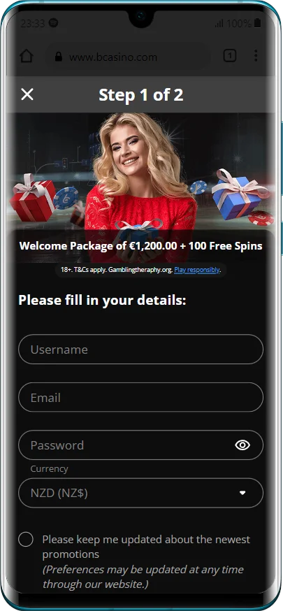 Registration interface in the b Casino app