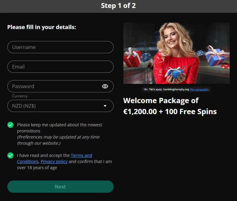 b Casino Sign-up page for NZ players