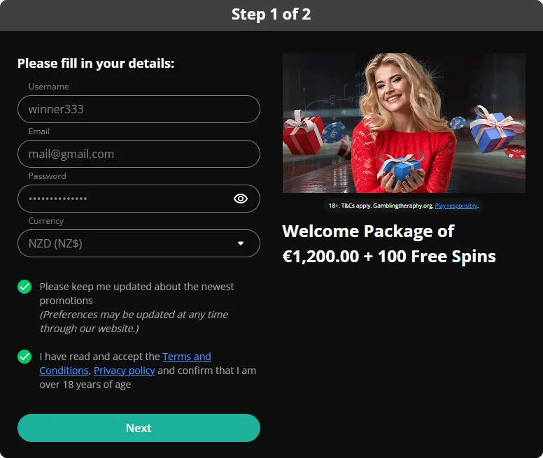 First bcasino sign up Step
